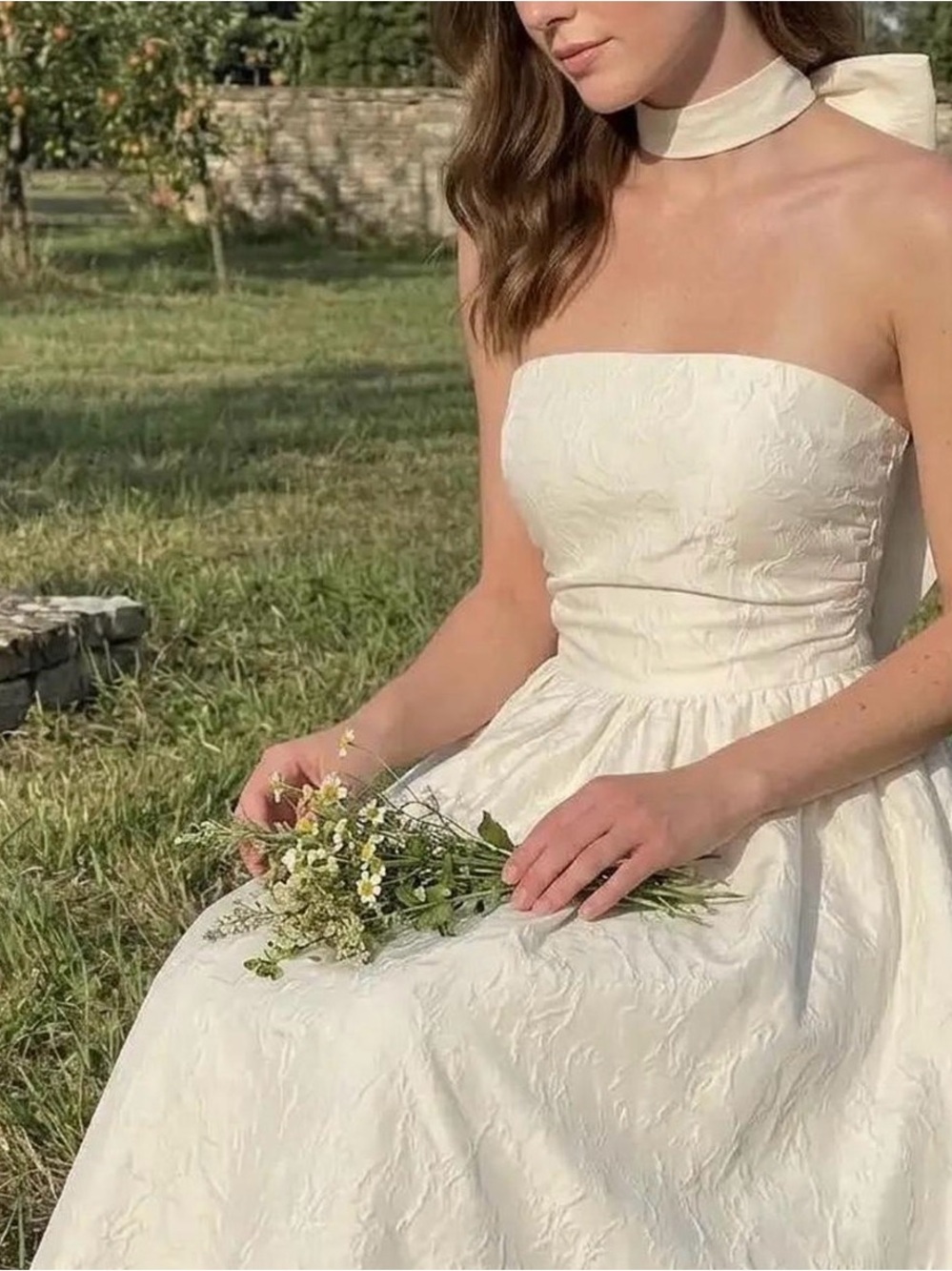 Cider Cream White Strapless Midi Dress with Floral Jacquard